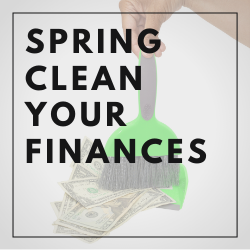 Spring clean your finances written over an image of someone pushing money into a broom.
