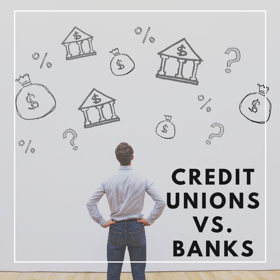 man standing in front of all with banking graphics on it with text that reads Banks vs. Credit Unions.