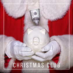 Close up of Santa holding a white piggy bank with money in it.