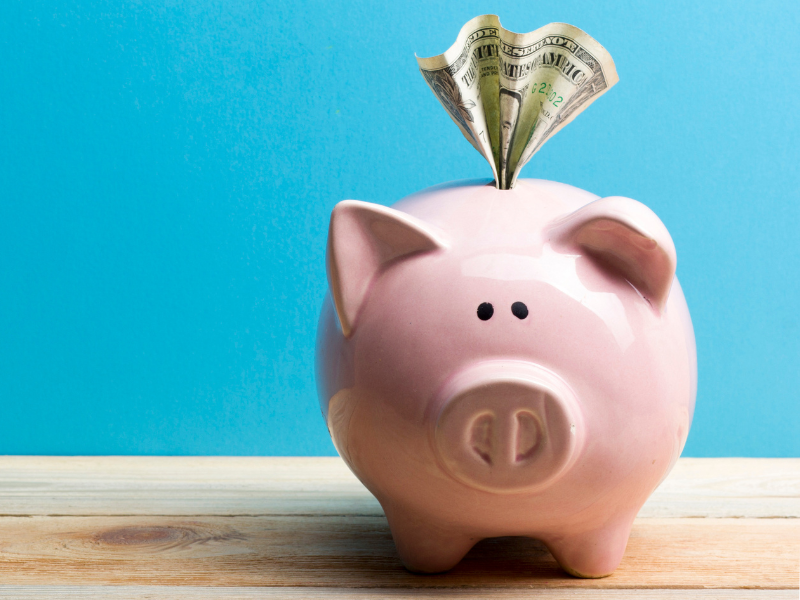 Pink pig with money sticking out of the top.