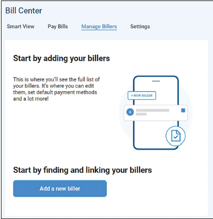 Screenshot of the Bill Center's Manage Billers tab.