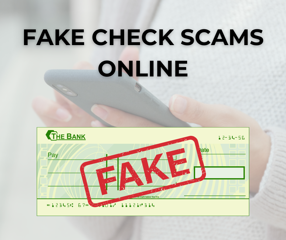 Image of person holding phone in hand with a check with the word "FAKE" over it.