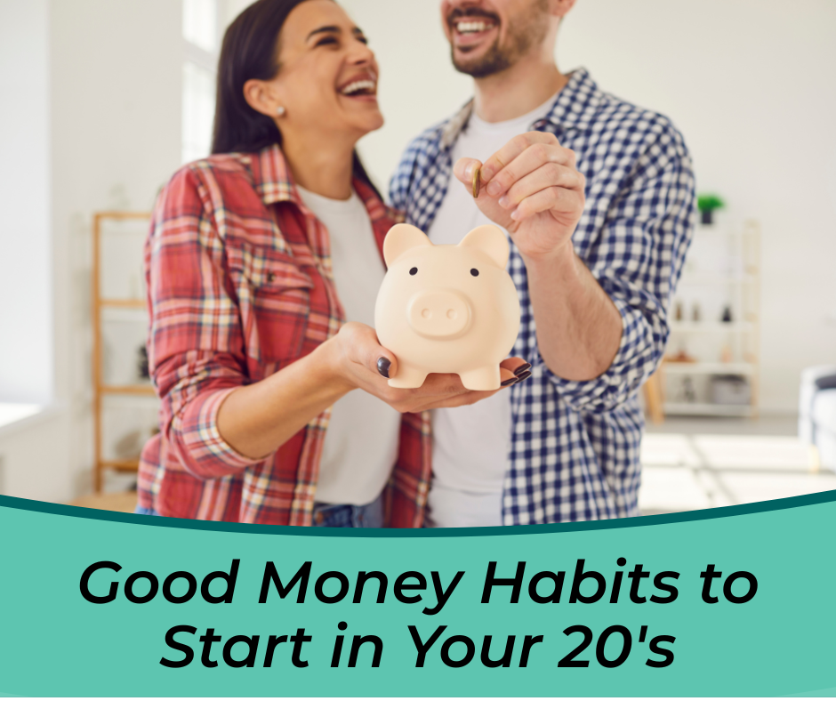 Couple smiling while holding piggy bank.