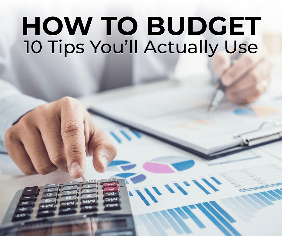 Person using calculator and graphs to show budgeting.