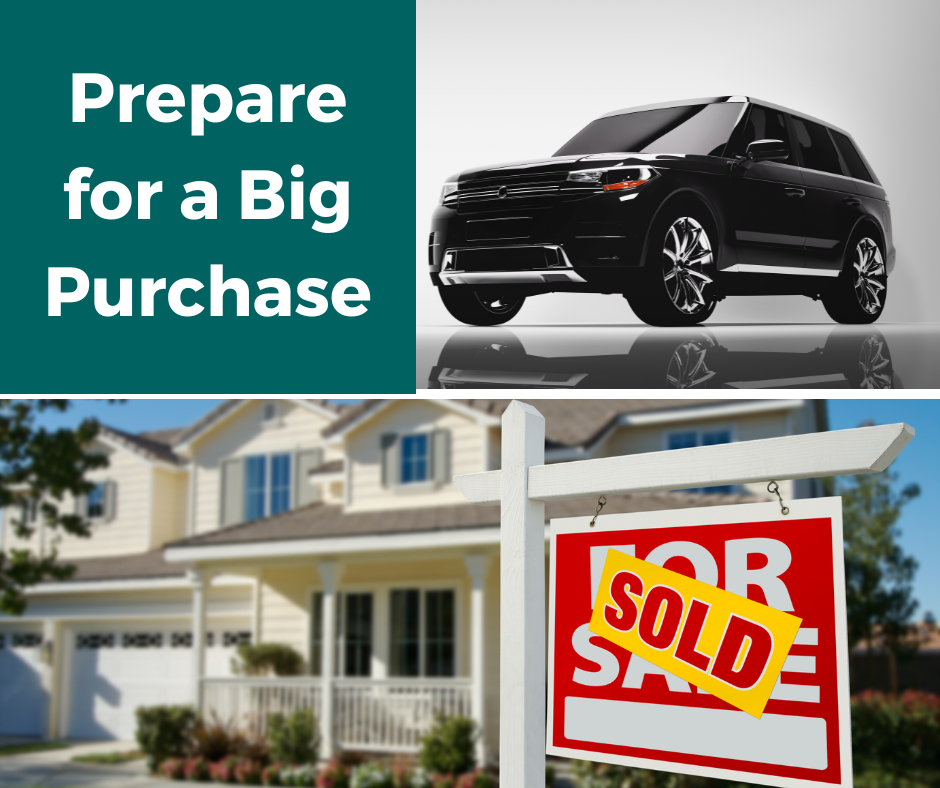 Prepare for a Big Purchase Spilt screen photo showing a car and house with for sale sign