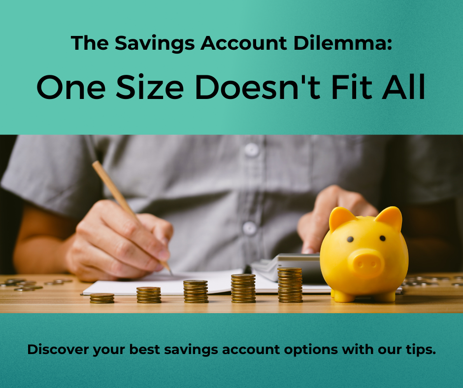 The Savings Account Dilemma MR Image of person holding pencil writing and using a calculator with coins stacked in various heights with a yellow piggy bank.