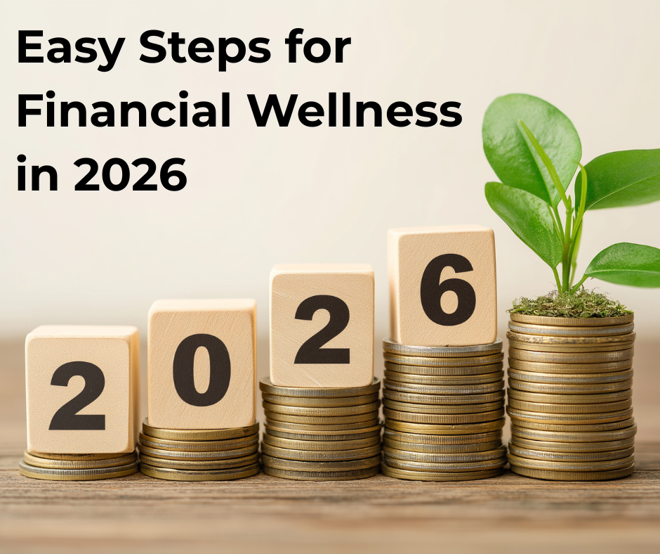 Stacks of coins growing taller with 2026 blocks with last stack growing a green plant.